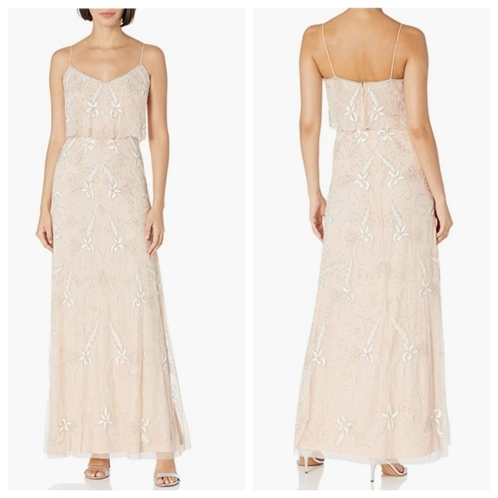 NEW ADRIANNA PAPELL Champagne Sand Beaded Embellished Sleeveless Formal Gown